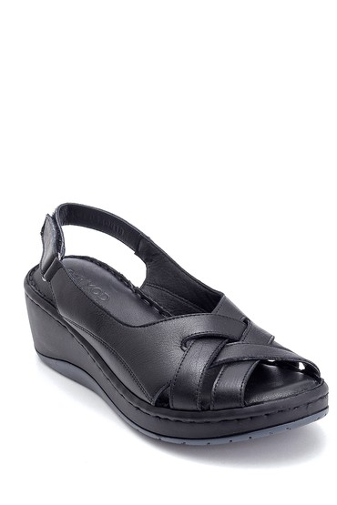 Siyah Kadın Comfort Dolgu Topuk Deri Sandalet 5638273857