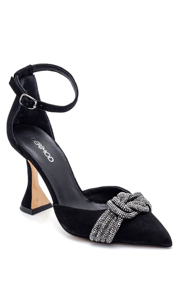 Siyah Kadın Deri Süet Taşlı Topuklu Ayakkabı 5638352837